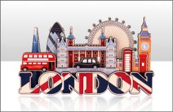 WOODEN MAGNET LONDON UJ AND SKYLINE